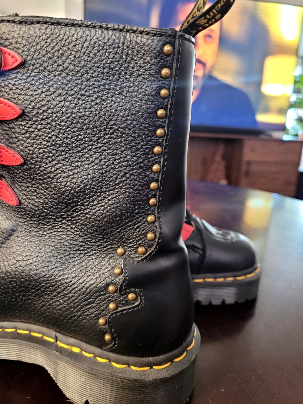 Dr. Martens Black Leather Lace-Up Boots with Red Eyelets, Floral Embroidery. 8w - Picture 6 of 7